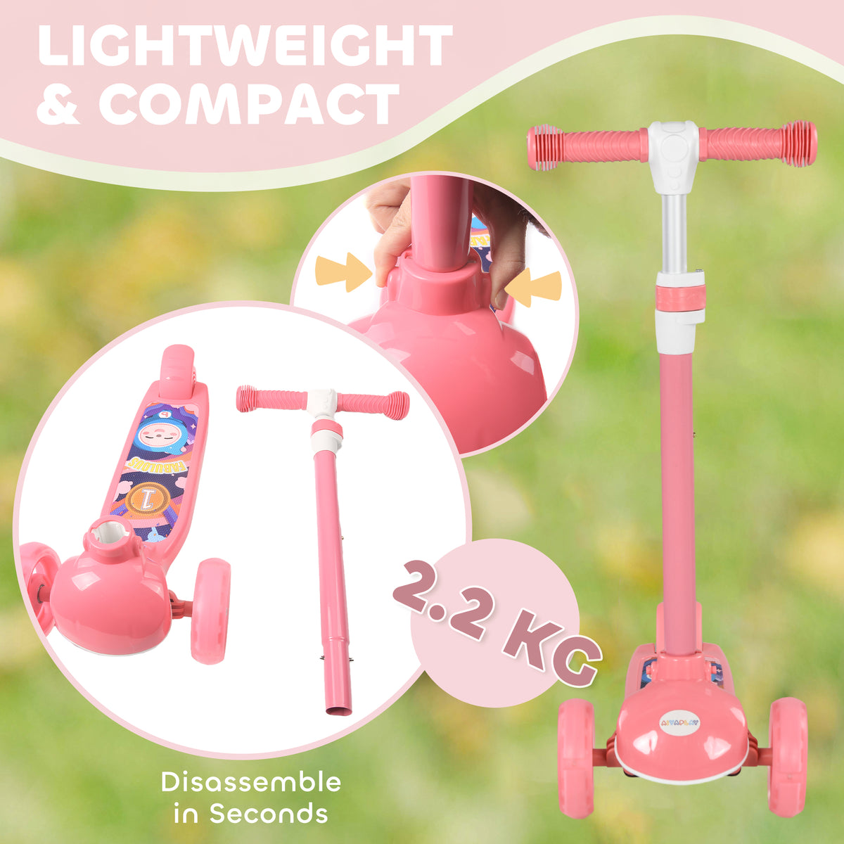 Qaba 3 Wheel Kids Scooter, Toddler Kick Scooter with Adjustable Height, Rear-Fender Brake, LED Light, TPE Handlebar