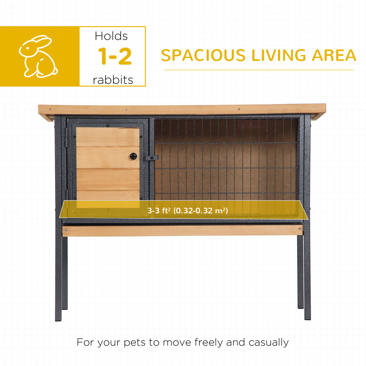 Rabbit Hutch, Wooden Bunny Cage Indoor Outdoor Bunny Hutch with Tray and Openable Water-Resistant Roof, Yellow