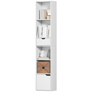 6-Tier Bookcase, Tall Narrow Bookshelf with Drawer and Door, White