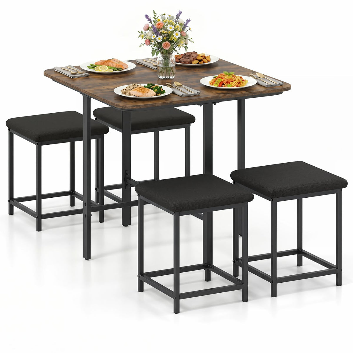 Dining Table Set with 4 Upholstered Stools and Metal Frame-Rustic Brown view 4