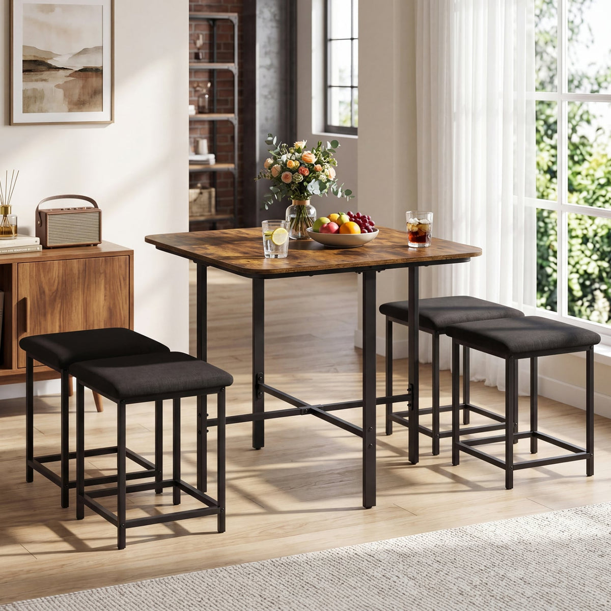 Dining Table Set with 4 Upholstered Stools and Metal Frame-Rustic Brown view 6