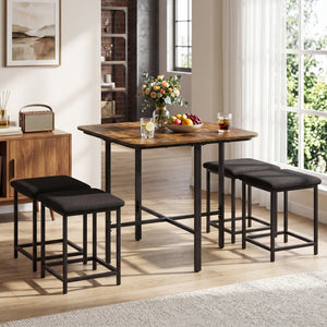 Dining Table Set with 4 Upholstered Stools and Metal Frame-Rustic Brown view 6