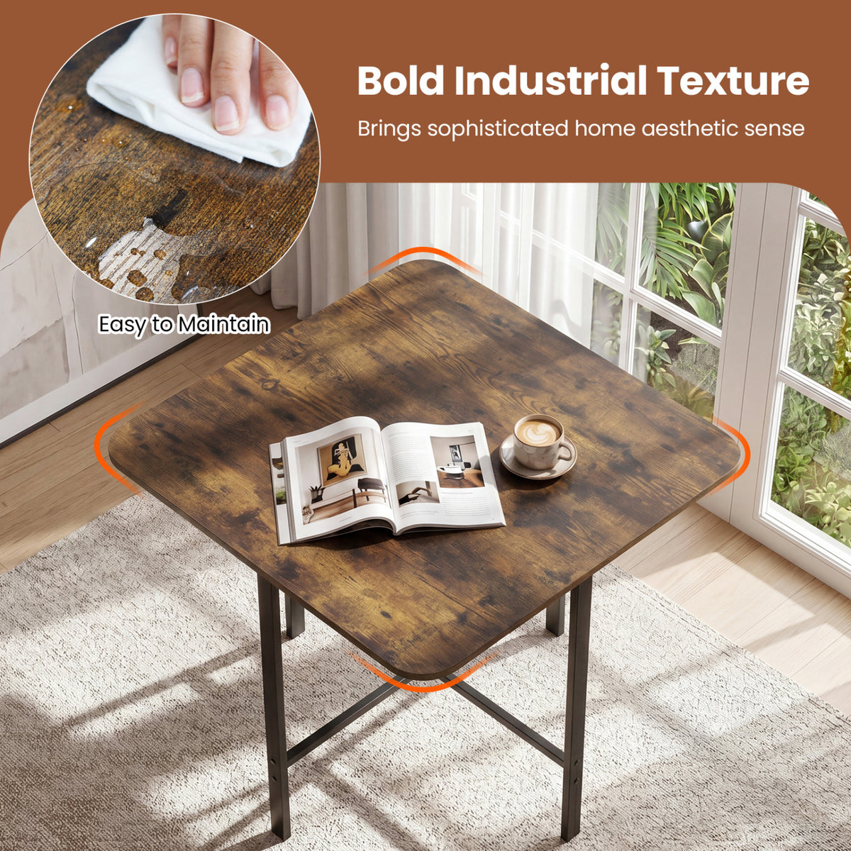 Dining Table Set with 4 Upholstered Stools and Metal Frame-Rustic Brown view 8