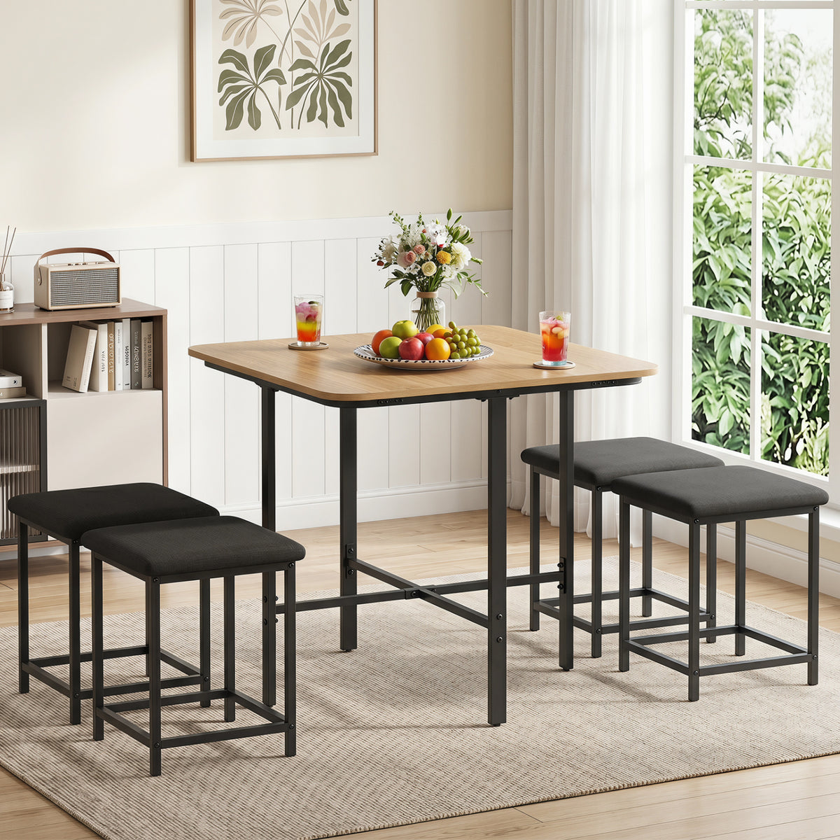 Dining Table Set with 4 Upholstered Stools and Metal Frame-Natural view 3