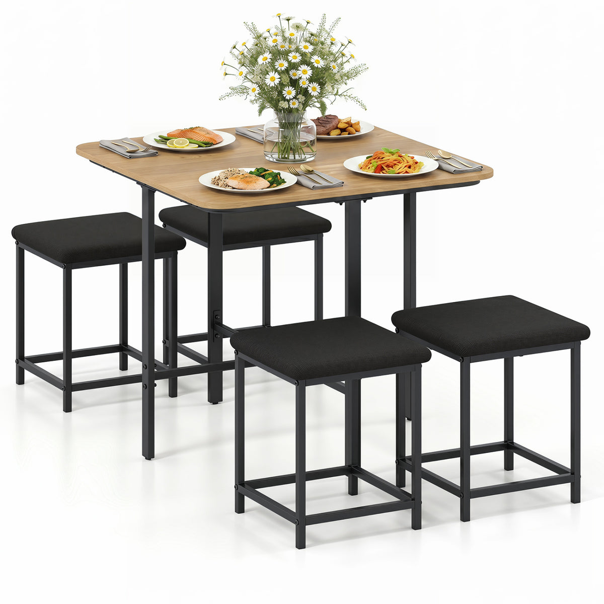 Dining Table Set with 4 Upholstered Stools and Metal Frame-Natural view 4