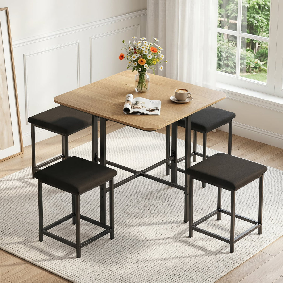 Dining Table Set with 4 Upholstered Stools and Metal Frame-Natural view 6