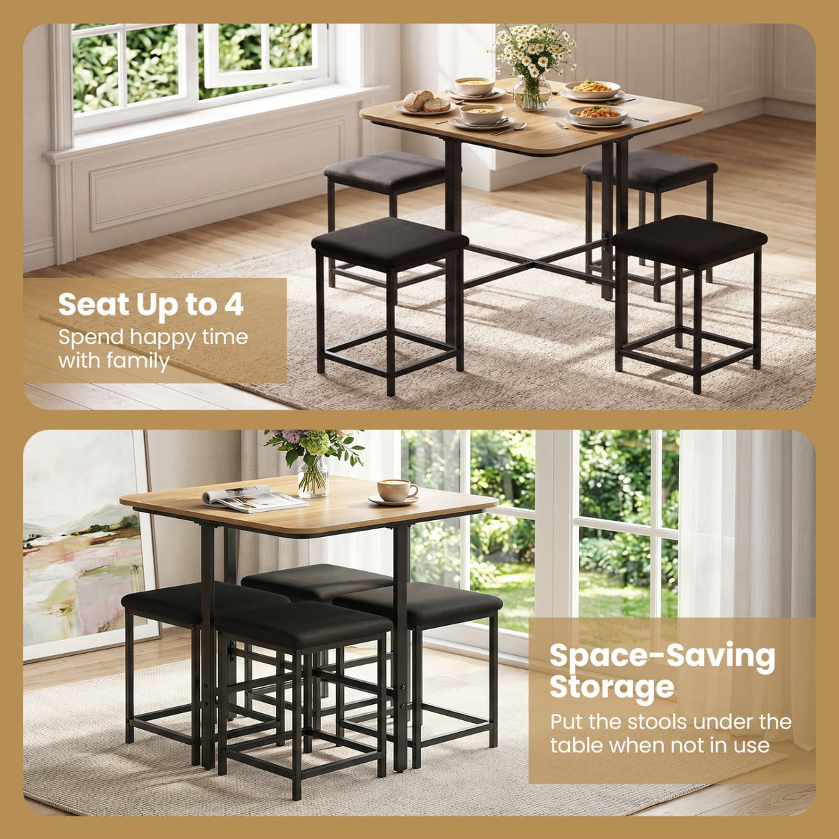 Dining Table Set with 4 Upholstered Stools and Metal Frame-Natural view 7