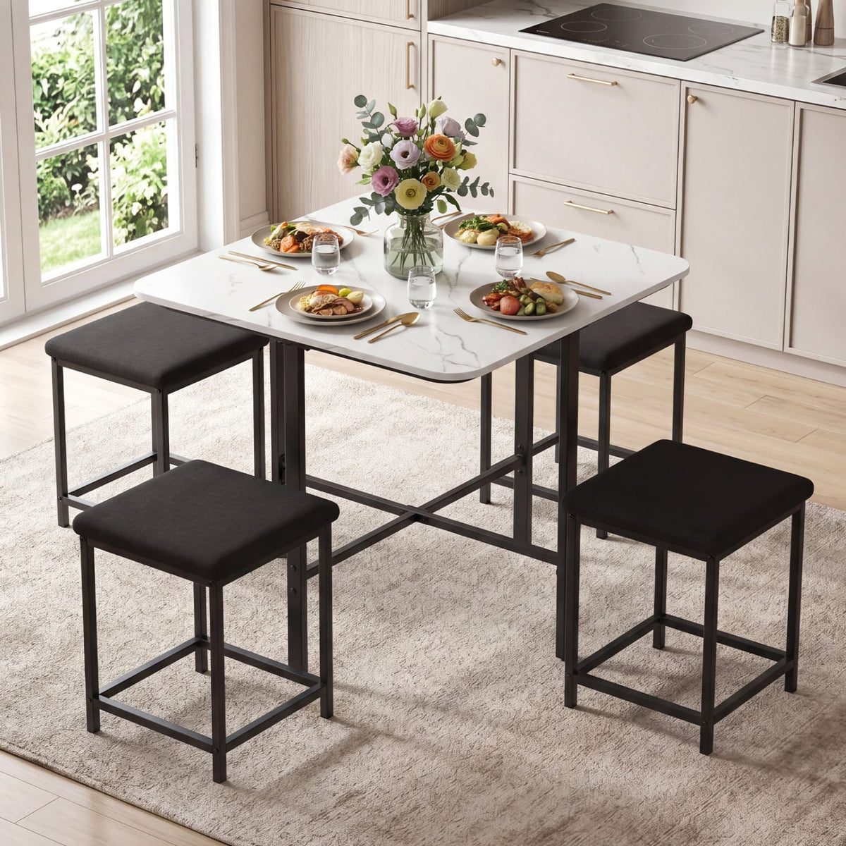 Dining Table Set with 4 Upholstered Stools and Metal Frame-White view 2