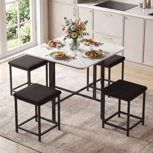 Dining Table Set with 4 Upholstered Stools and Metal Frame-White view 2