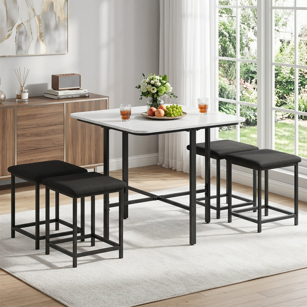 Dining Table Set with 4 Upholstered Stools and Metal Frame-White view 3