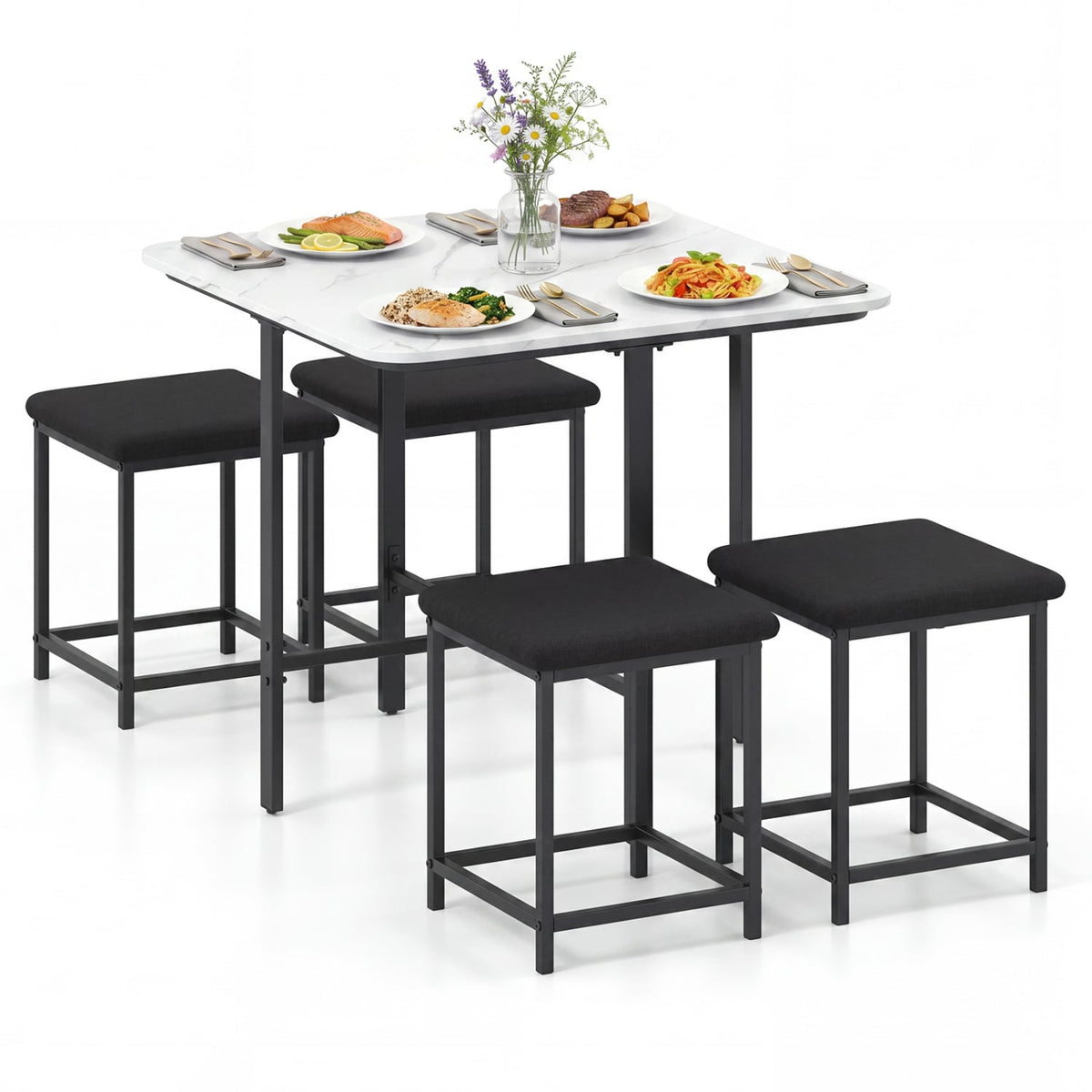 Dining Table Set with 4 Upholstered Stools and Metal Frame-White view 4