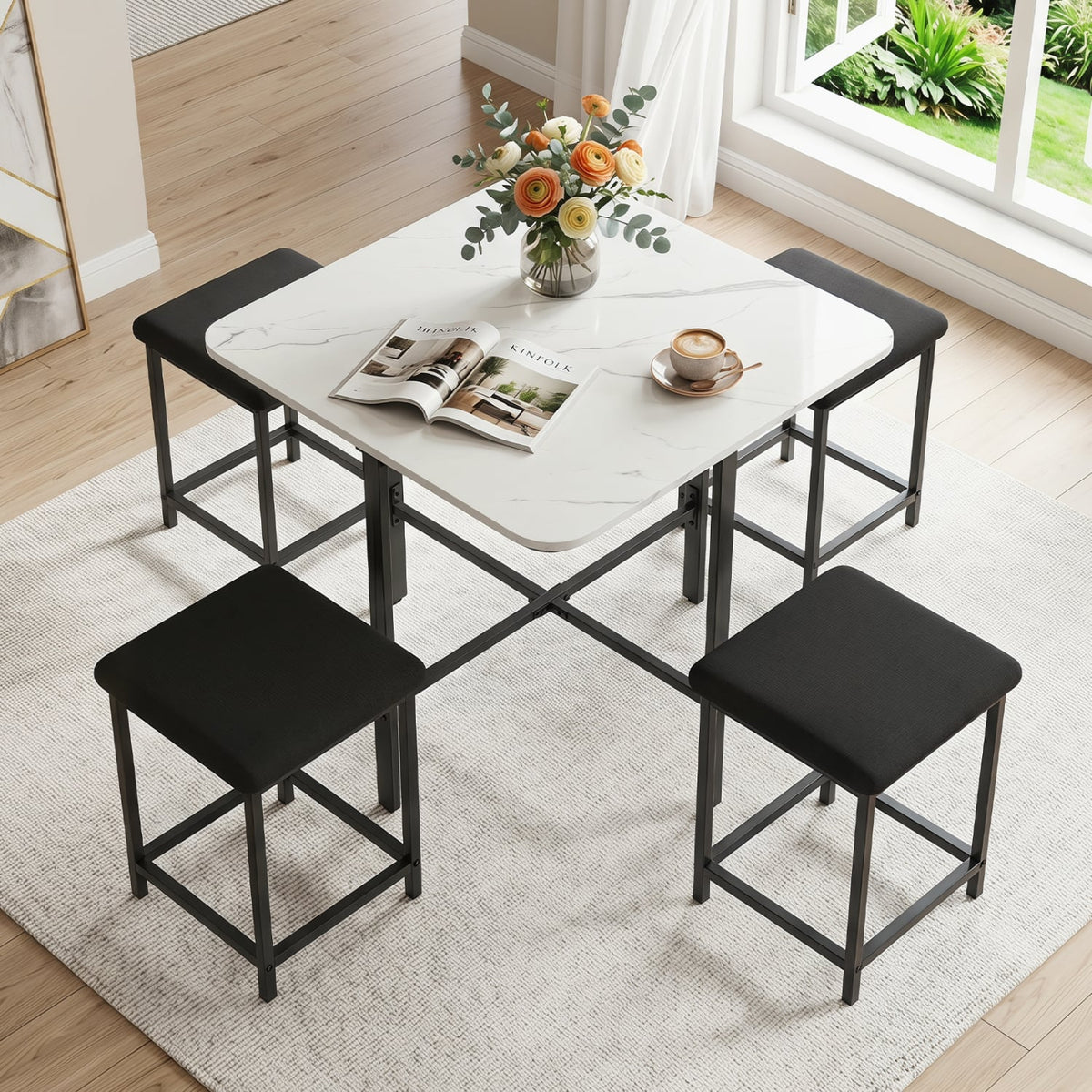 Dining Table Set with 4 Upholstered Stools and Metal Frame-White view 6