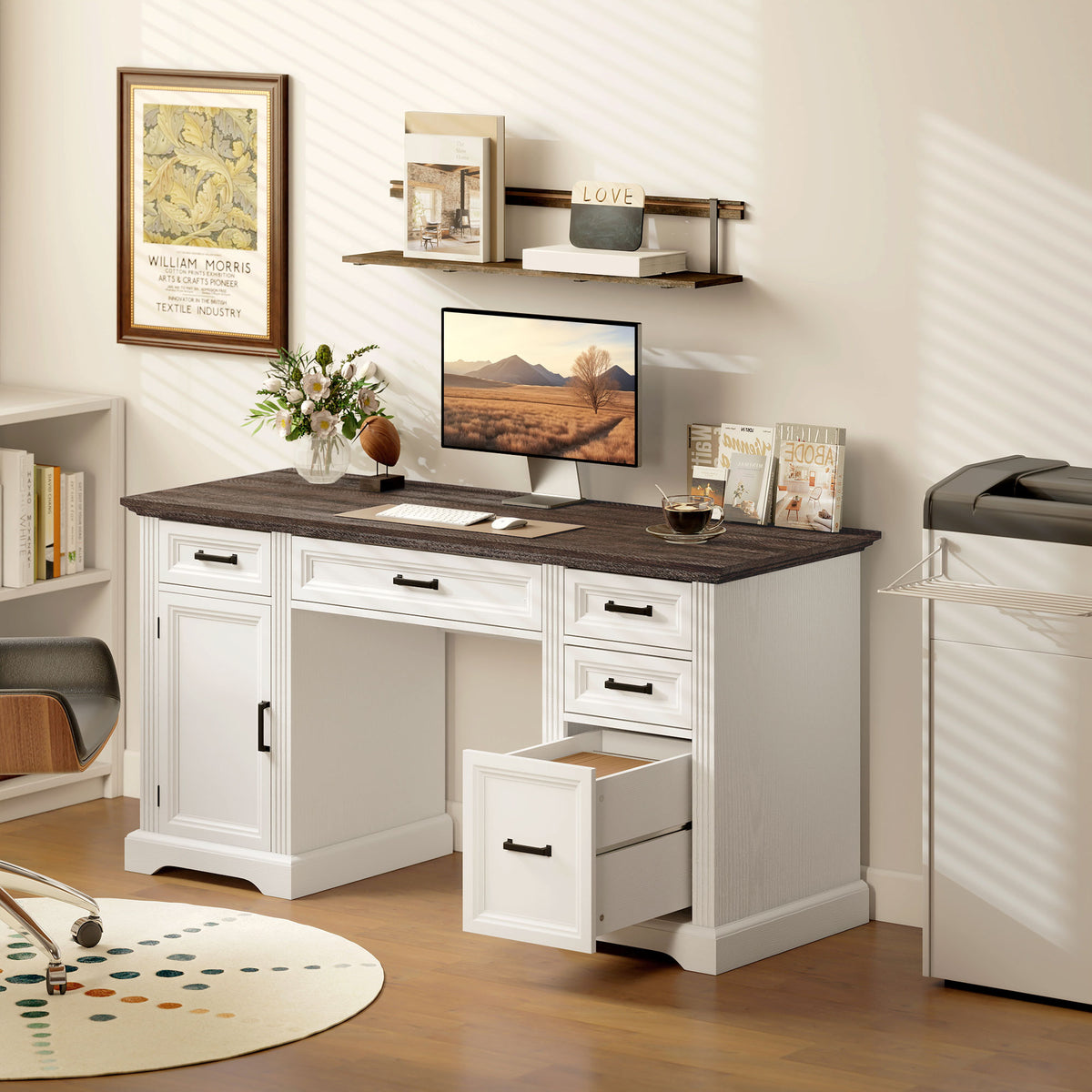 58" Home Office Desk with Soft-Close Drawers, Farmhouse Executive Desk with File Drawer for Letter Size, White