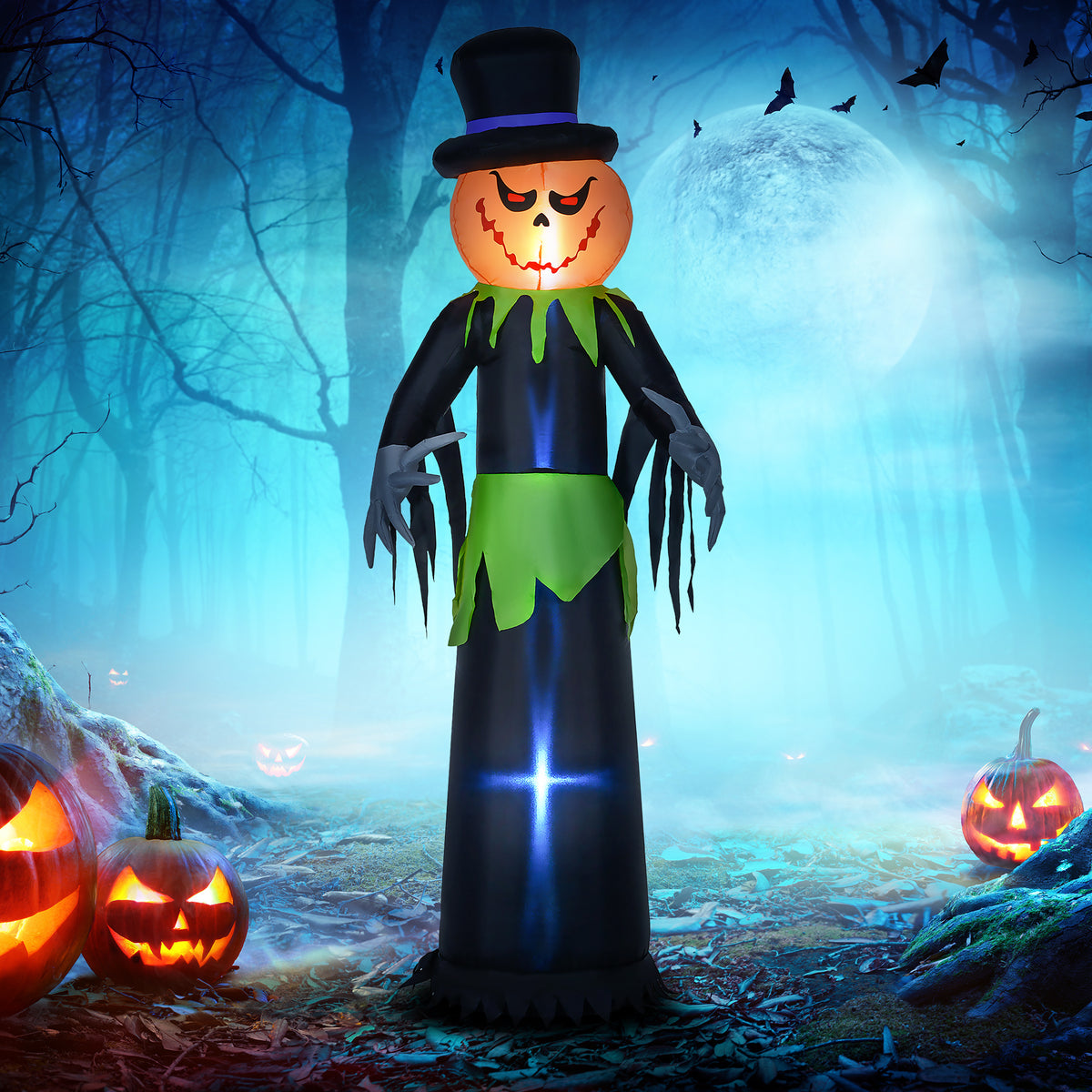 9ft Inflatable Halloween Decoration Pumpkin Ghost with Pumpkins, Blow-Up Outdoor LED Display for Lawn, Garden, Party