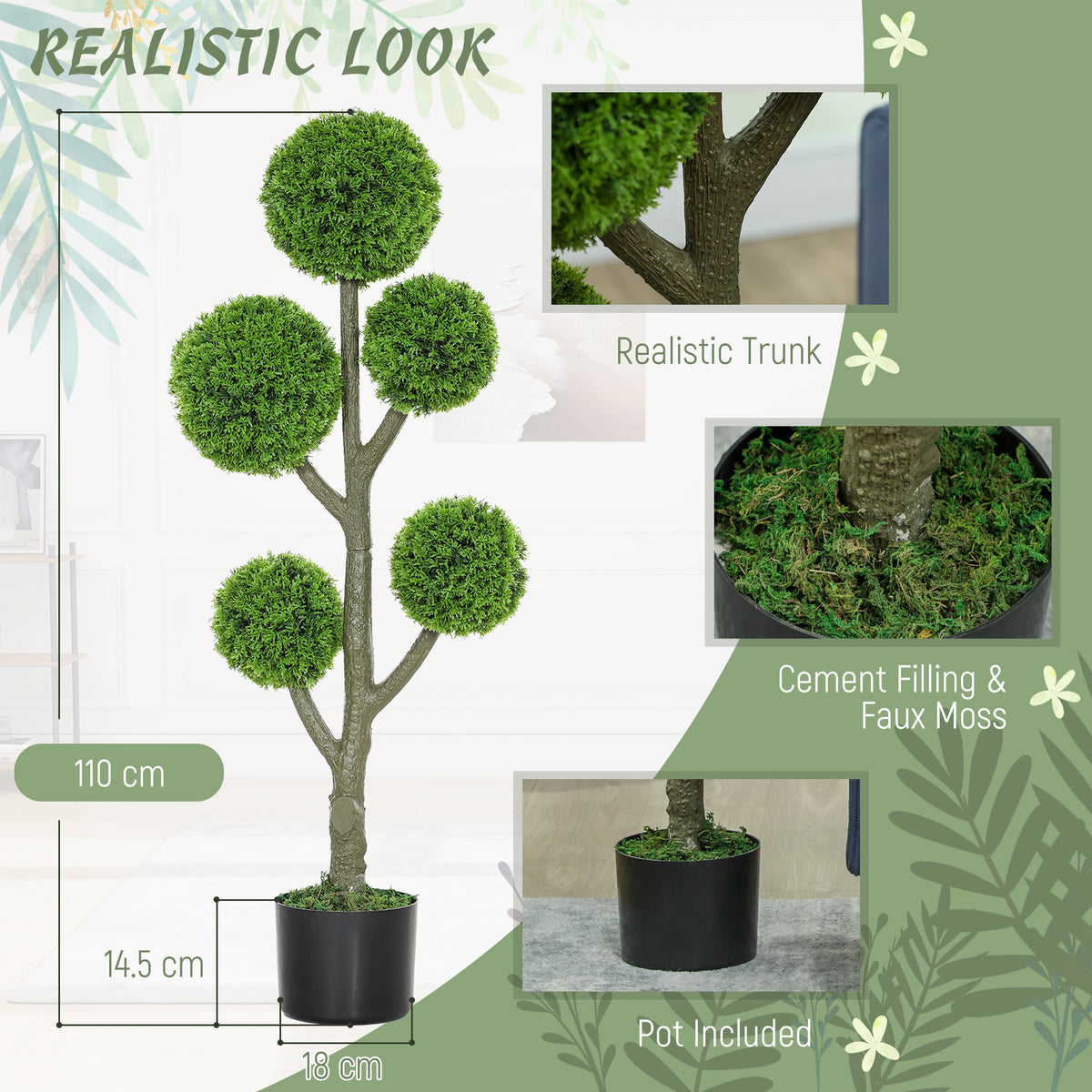43.3" Artificial Ball Cypress Topiary Tree, Fake Plant in Pot for Indoor Outdoor Living Room Green