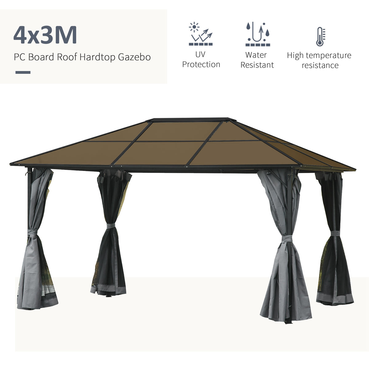 9.8' x 9.8' Garden Aluminium Gazebo Hardtop Roof Canopy Marquee Party Tent Patio Outdoor Shelter with Mesh Curtains & Side Walls, Grey