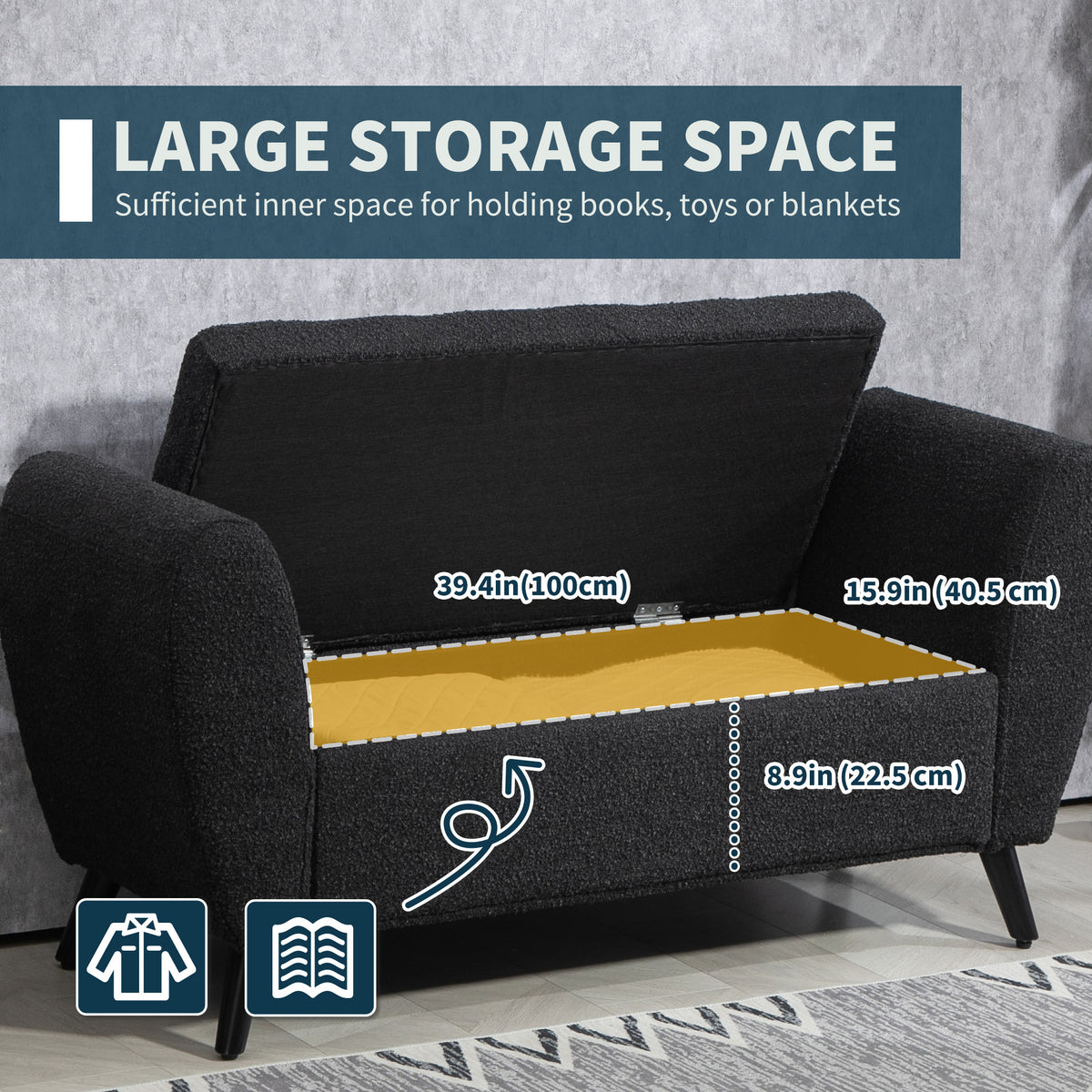 Upholstered Storage Bench with Arms, Modern Ottoman Bench for Bedroom, Entryway, and Living Room, Black – view 4