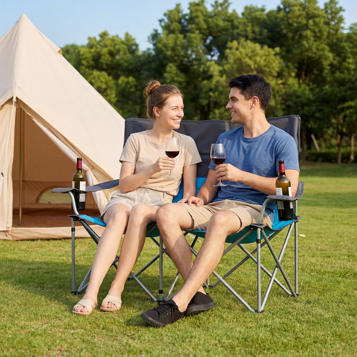 Double Camping Chair with Carry Bag Cup Holders-Blue view 2