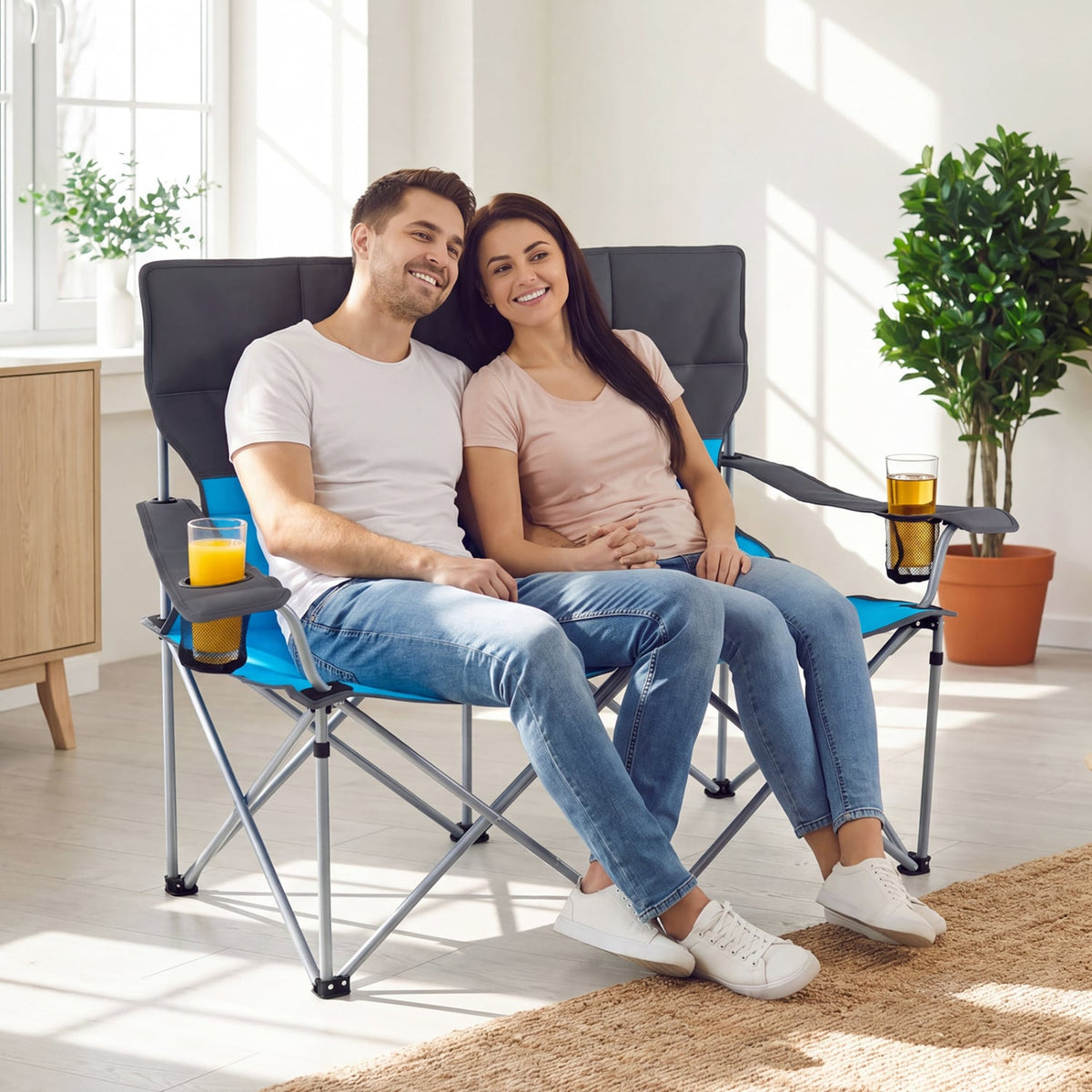 Double Camping Chair with Carry Bag Cup Holders-Blue view 6