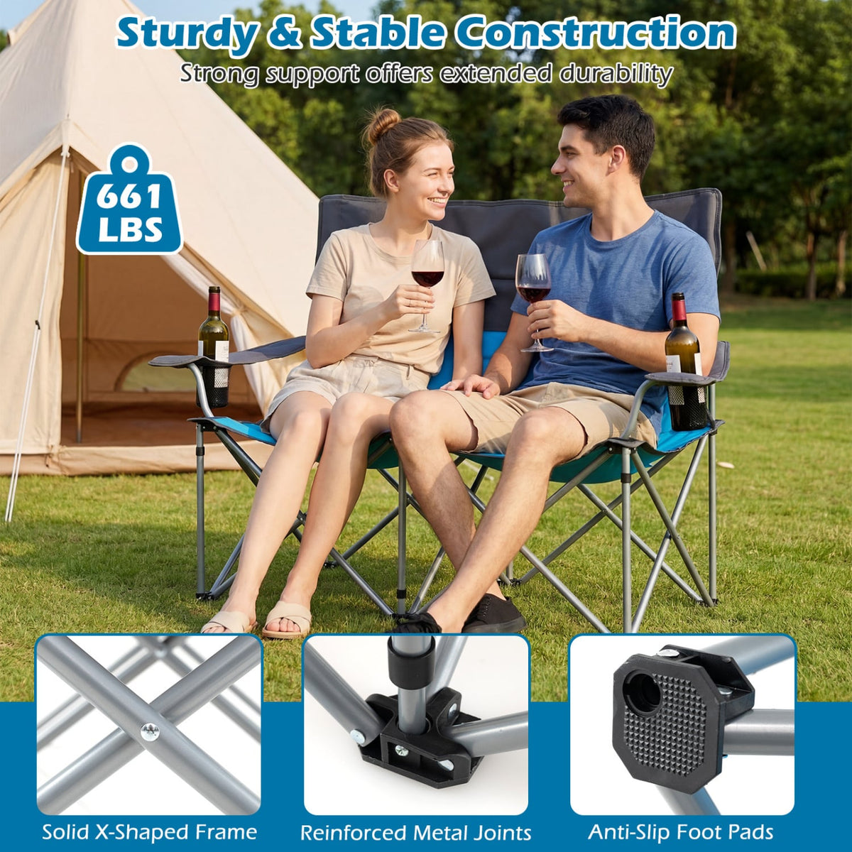 Double Camping Chair with Carry Bag Cup Holders-Blue view 7