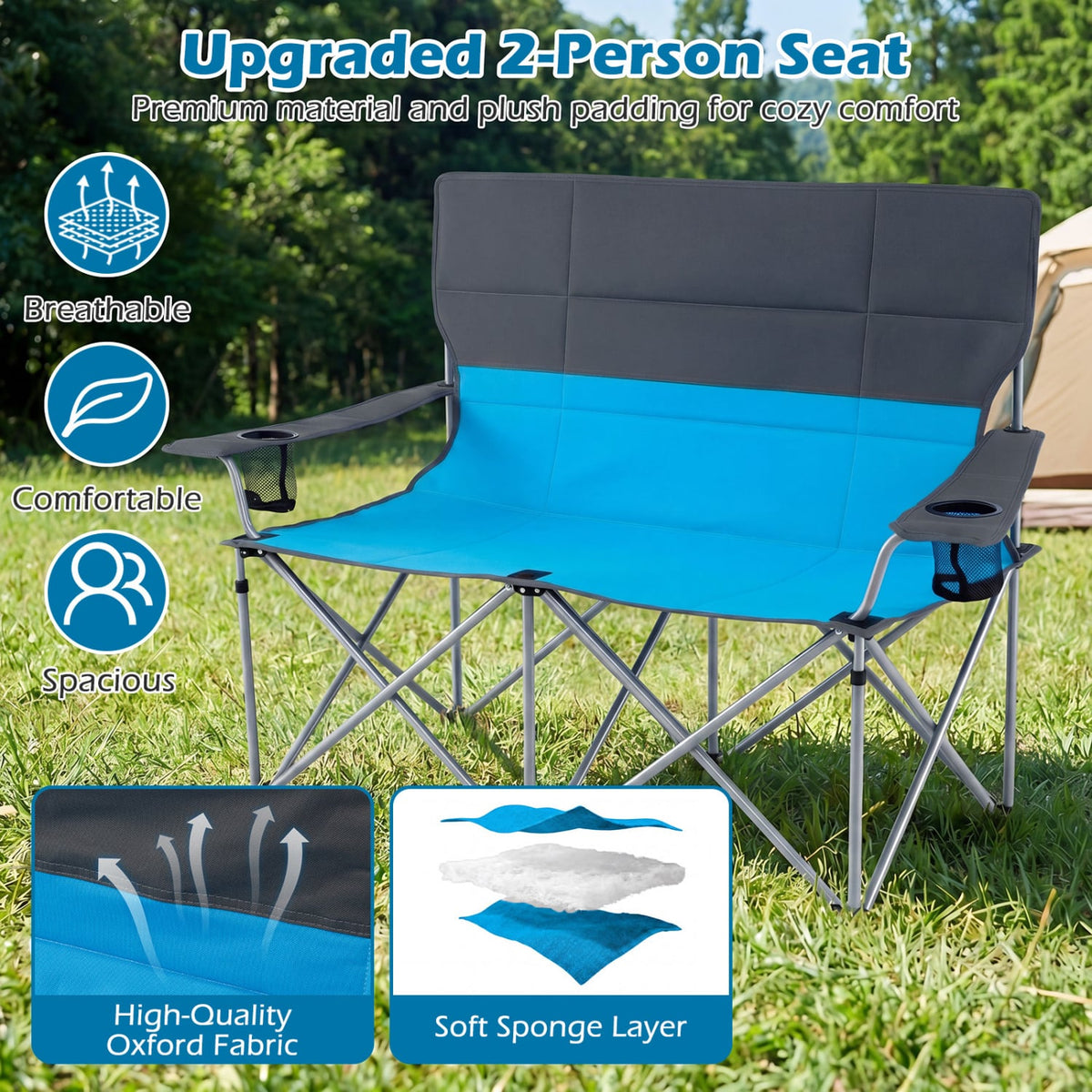 Double Camping Chair with Carry Bag Cup Holders-Blue view 8