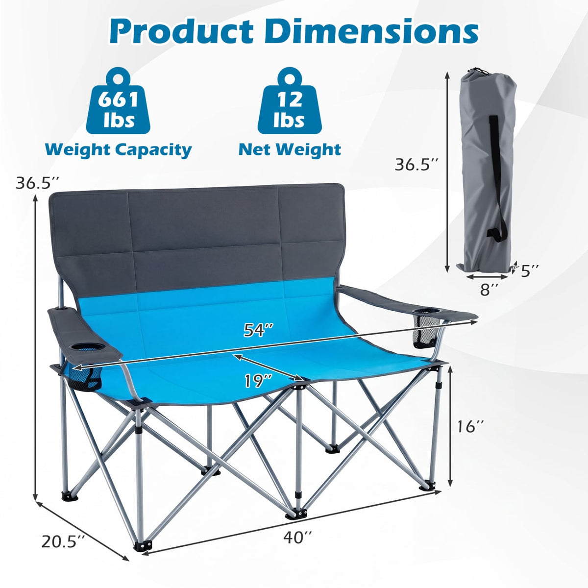 Double Camping Chair with Carry Bag Cup Holders-Blue view 5