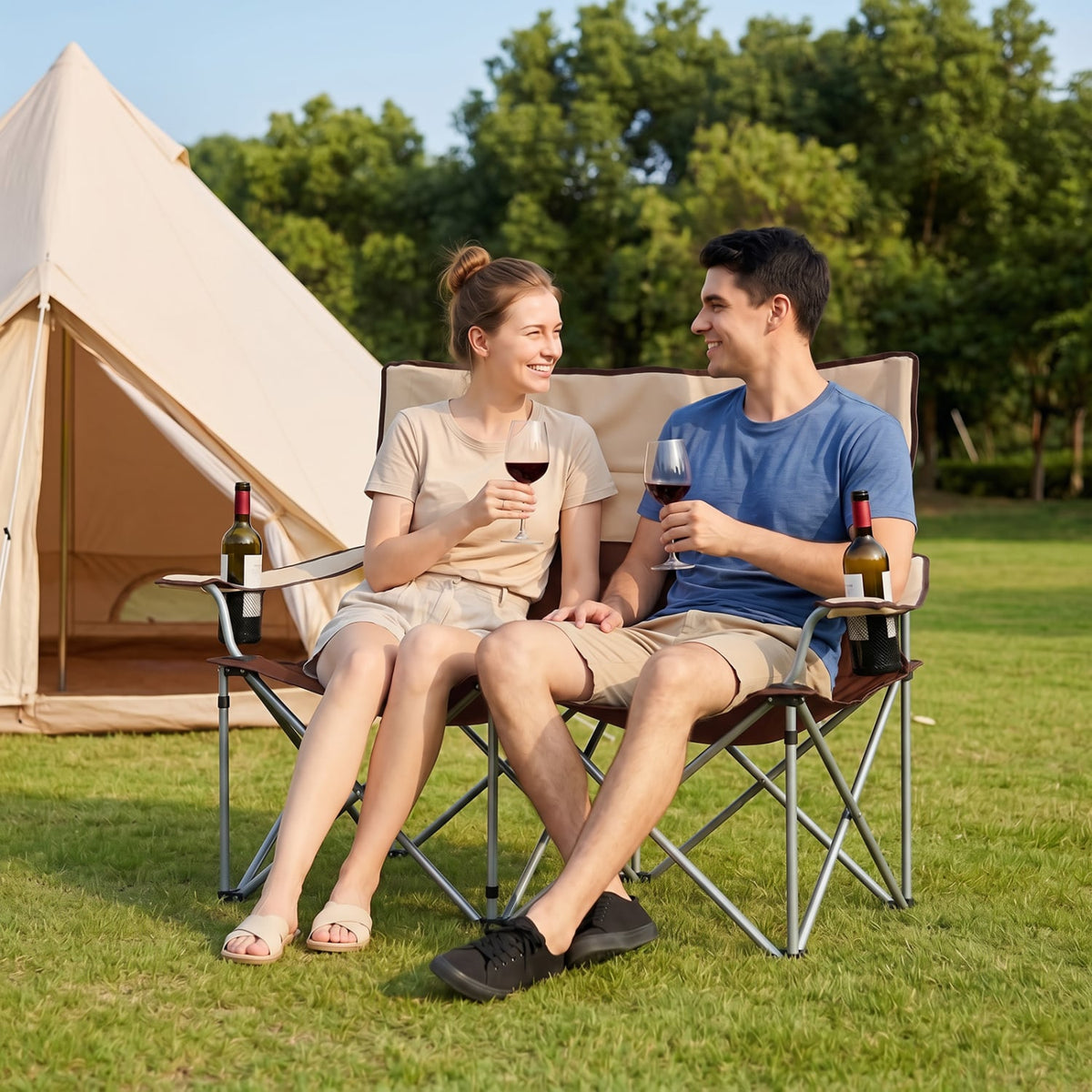 Double Camping Chair with Carry Bag Cup Holders-Brown view 2