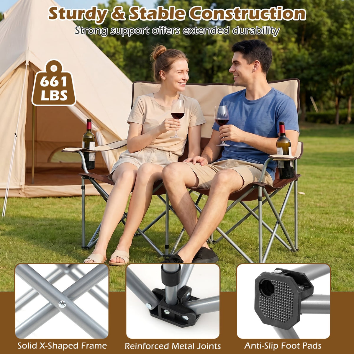 Double Camping Chair with Carry Bag Cup Holders-Brown view 7