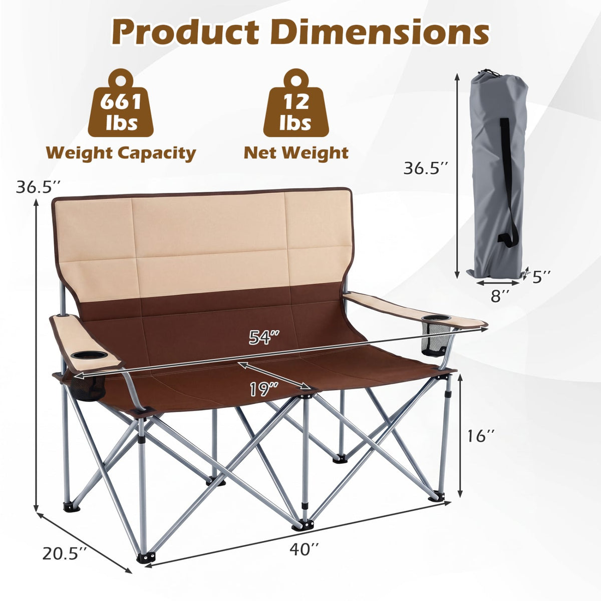 Double Camping Chair with Carry Bag Cup Holders-Brown view 5