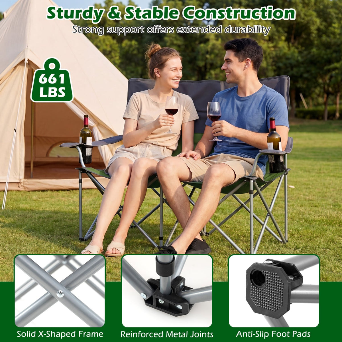 Double Camping Chair with Carry Bag Cup Holders-Green view 7