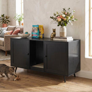 Double Cat Litter Box Enclosure for 2 Cats with Scratching Pad and Double Rooms-Black view 2