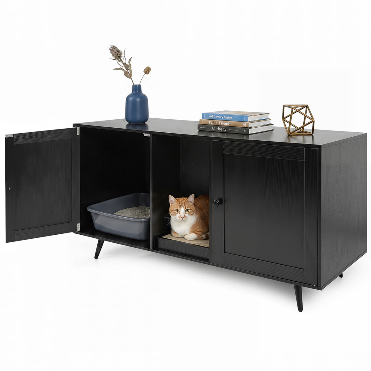 Double Cat Litter Box Enclosure for 2 Cats with Scratching Pad and Double Rooms-Black