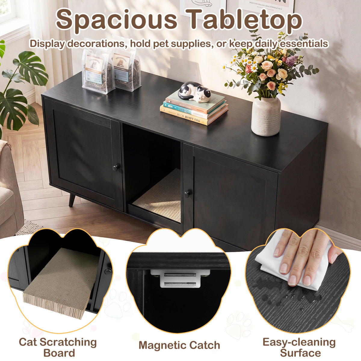 Double Cat Litter Box Enclosure for 2 Cats with Scratching Pad and Double Rooms-Black view 6