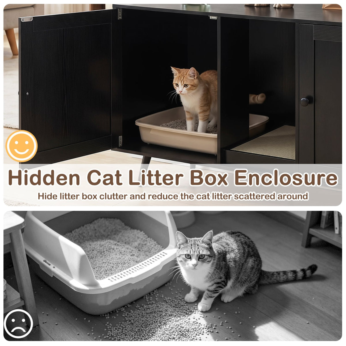 Double Cat Litter Box Enclosure for 2 Cats with Scratching Pad and Double Rooms-Black view 7