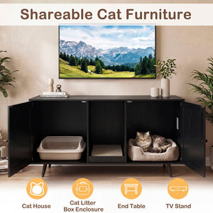 Double Cat Litter Box Enclosure for 2 Cats with Scratching Pad and Double Rooms-Black view 8