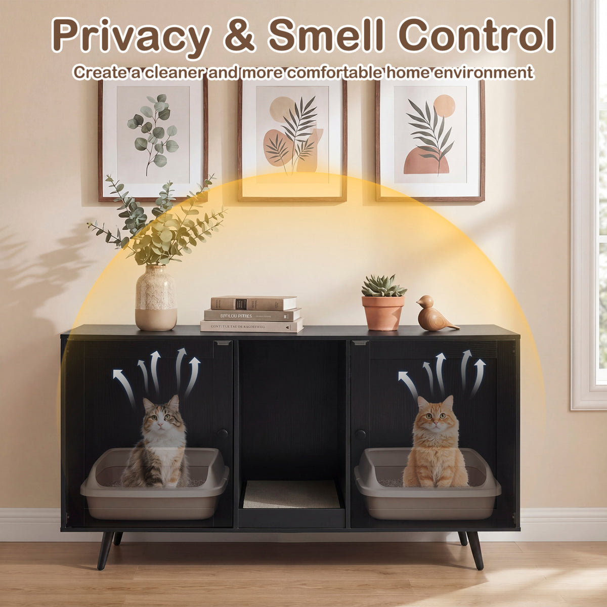 Double Cat Litter Box Enclosure for 2 Cats with Scratching Pad and Double Rooms-Black view 9