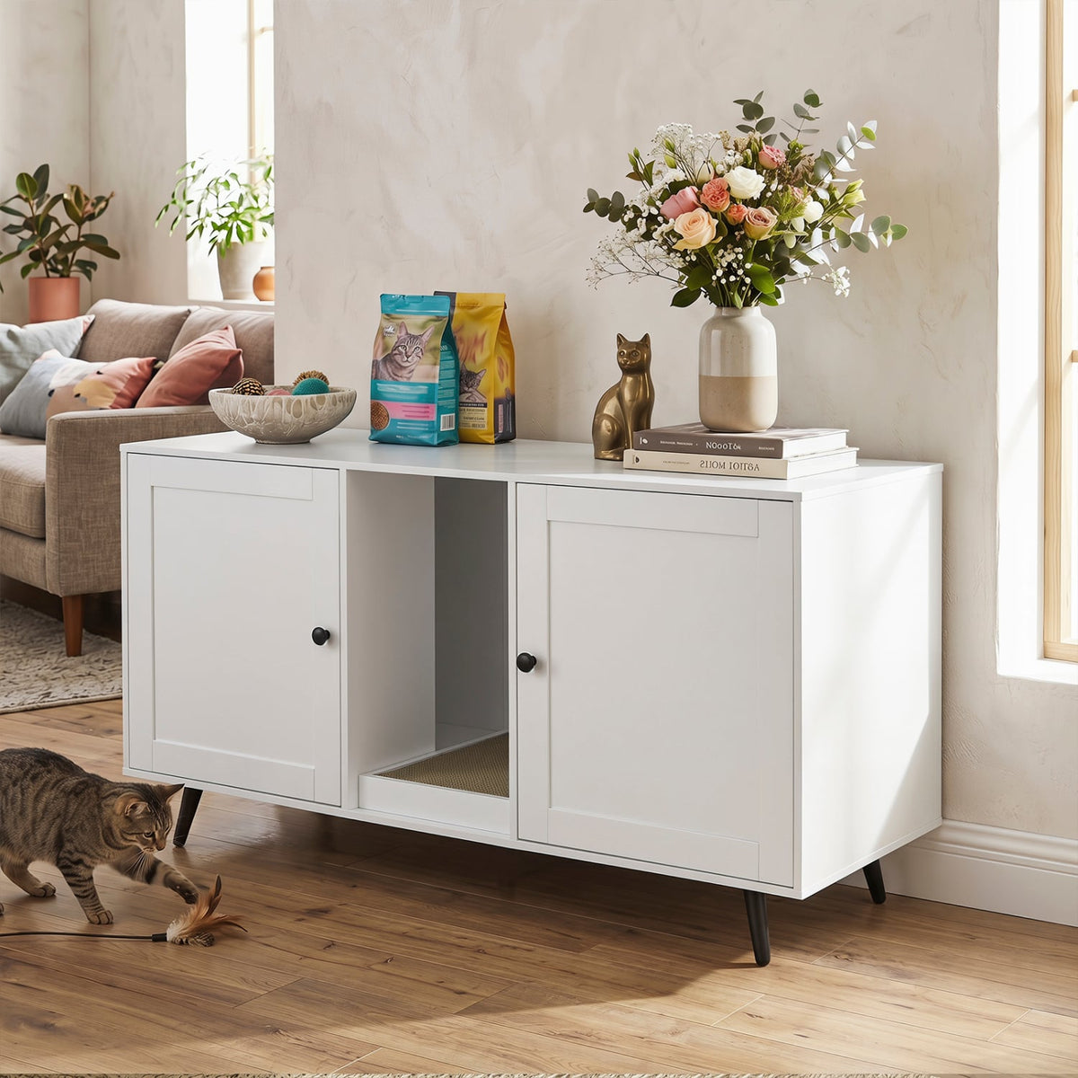 Double Cat Litter Box Enclosure for 2 Cats with Scratching Pad and Double Rooms-White view 2