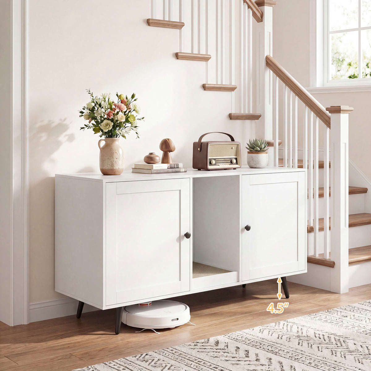 Double Cat Litter Box Enclosure for 2 Cats with Scratching Pad and Double Rooms-White view 3