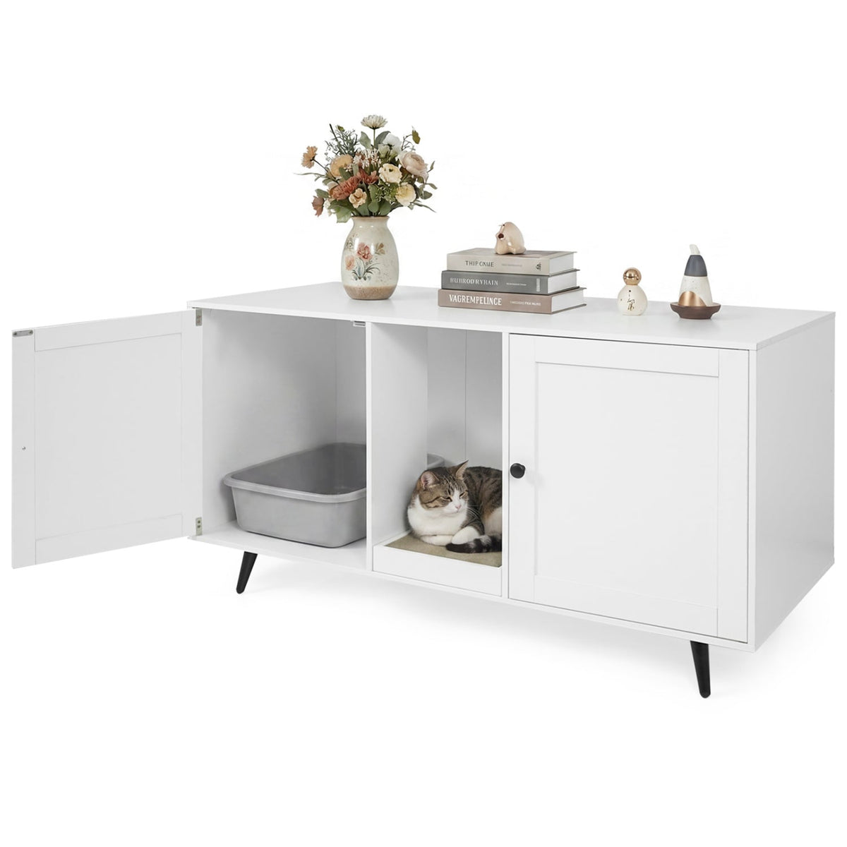 Double Cat Litter Box Enclosure for 2 Cats with Scratching Pad and Double Rooms-White view 4