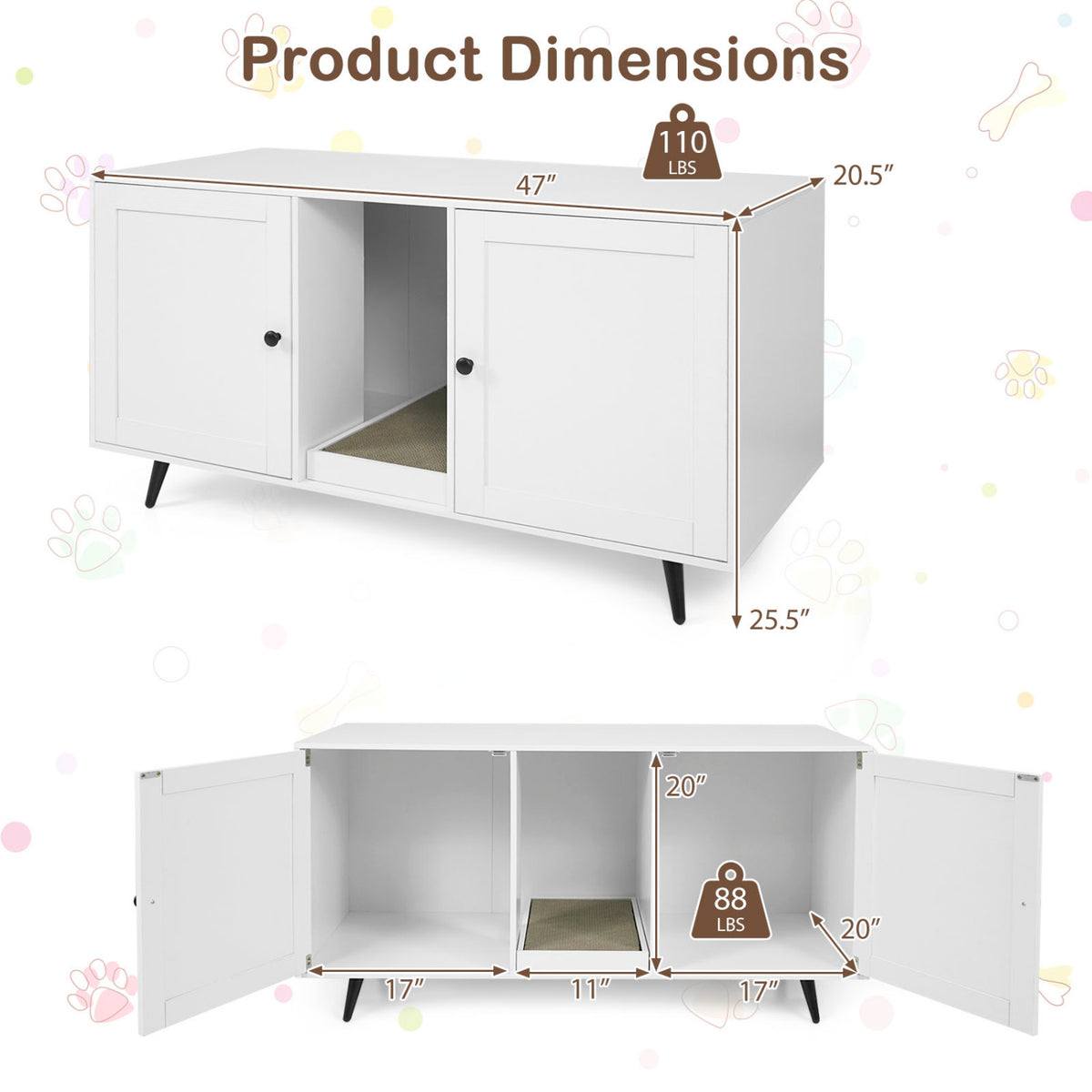 Double Cat Litter Box Enclosure for 2 Cats with Scratching Pad and Double Rooms-White view 5