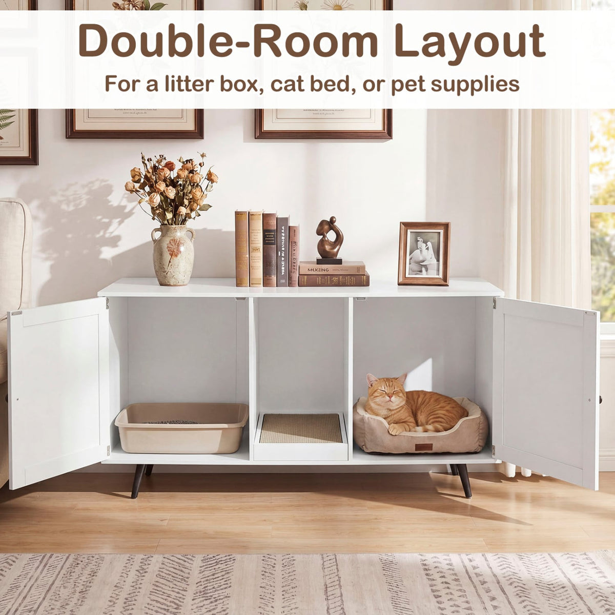Double Cat Litter Box Enclosure for 2 Cats with Scratching Pad and Double Rooms-White view 6