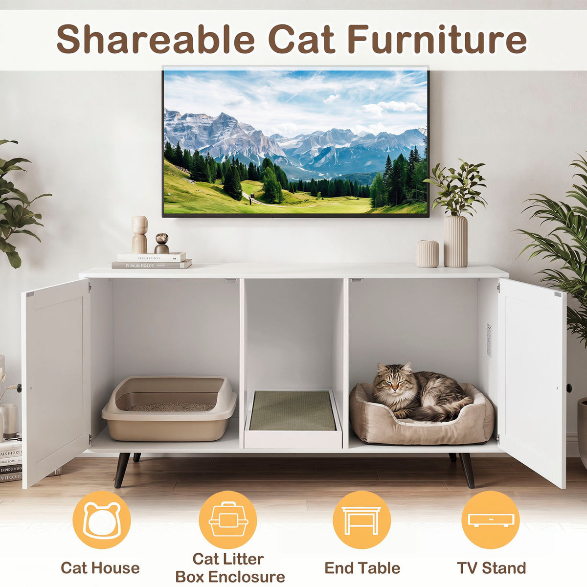 Double Cat Litter Box Enclosure for 2 Cats with Scratching Pad and Double Rooms-White view 8