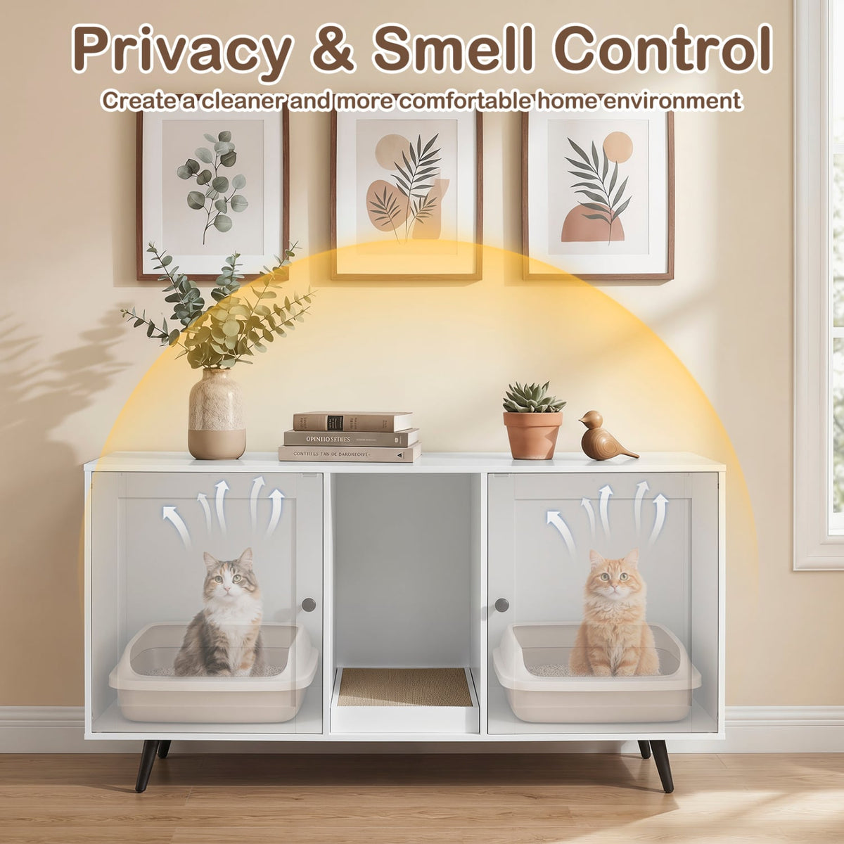 Double Cat Litter Box Enclosure for 2 Cats with Scratching Pad and Double Rooms-White view 9