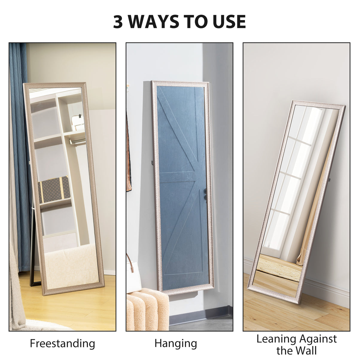 64" x 21" Rectangular Full Length Mirror with Frame, Free Standing, Wall Mounted or Leaning, Gunmetal Silver