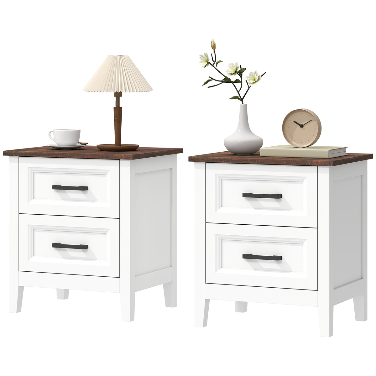 Farmhouse Nightstand Set of 2, Bedside Tables with 2 Drawers, Wood-Effect Top, White