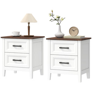 Farmhouse Nightstand Set of 2, Bedside Tables with 2 Drawers, Wood-Effect Top, White