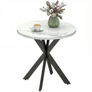 29" Dining Table, Contemporary Round Kitchen Table with Steel Legs, White Marble-Effect