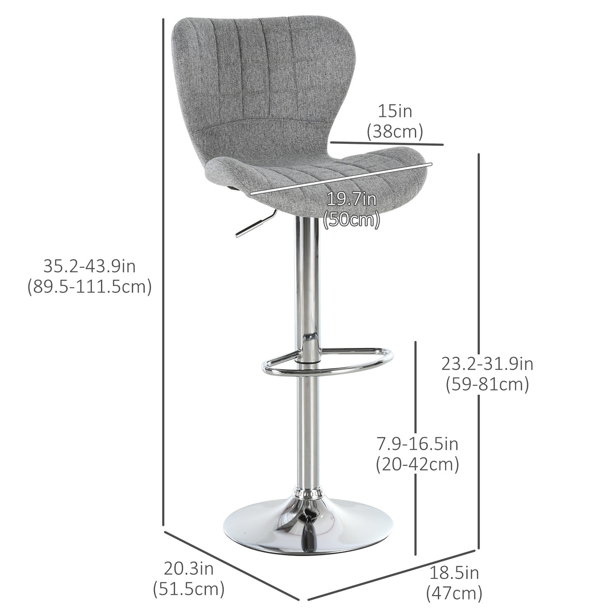 Set of 2 Counter Height Bar Stools Swivel Stool Height Adjustable Bar Chairs with Footrest for Kitchen Dining Home Pub, Grey