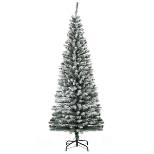 6ft Flocked Christmas Tree, Pencil Christmas Tree with Realistic Branch Tips, Folding Metal Stand, Green