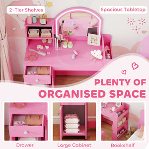 Qaba Kids Vanity Set, Toddler Dressing Table and Chair Set  with Lighted Mirror, Cabinet, Drawer and Shelves